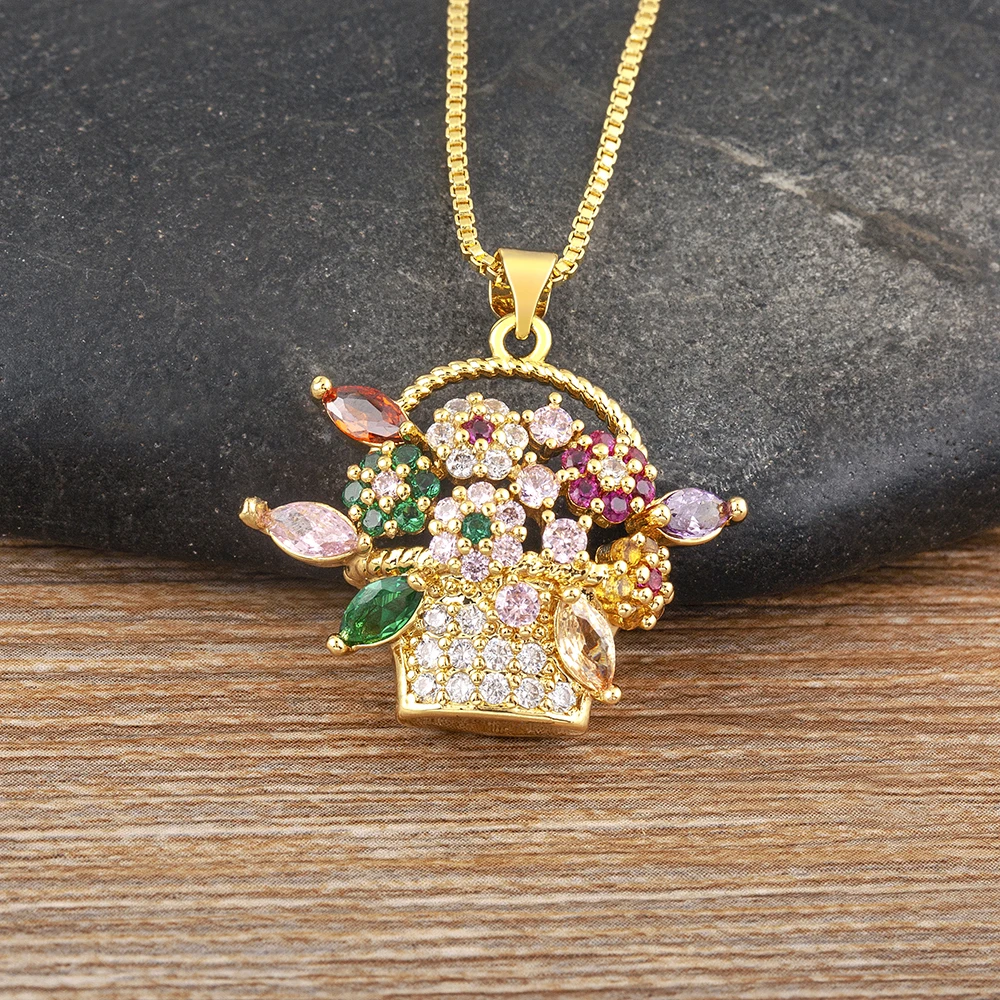 Nidin Shiny Multicolour Picnic Flower Basket Gold Plated Pendant Necklace Luxury Personality Friendship Jewelry Gifts for Girls