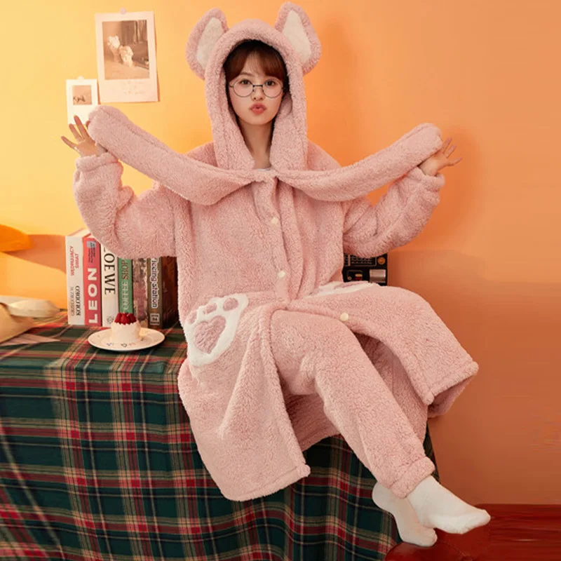 New pajamas women's autumn and winter coral fleece cute cartoon student girl cardigan lapel loungewear set flannel