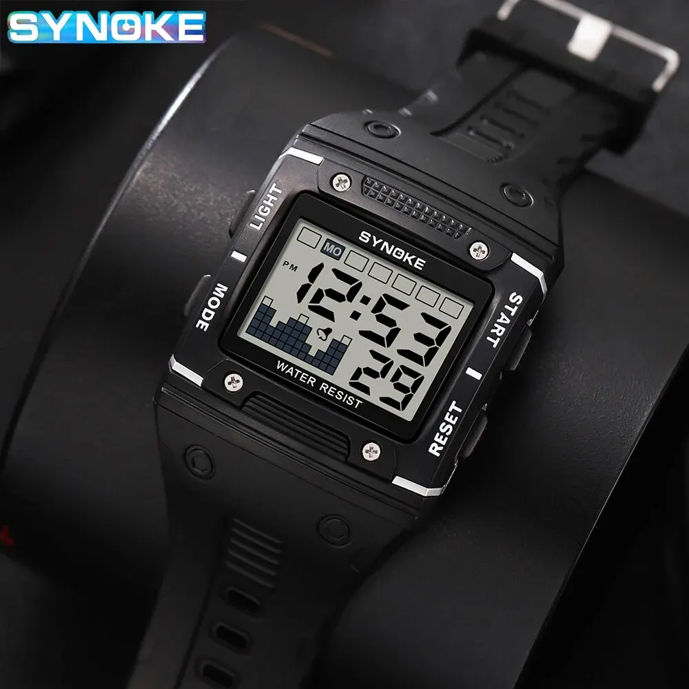 SYNOKE Digital Watch Men Sports Electronic Watch Waterproof Night Glow Large Screen Square Student Watch Outdoor Running Camping