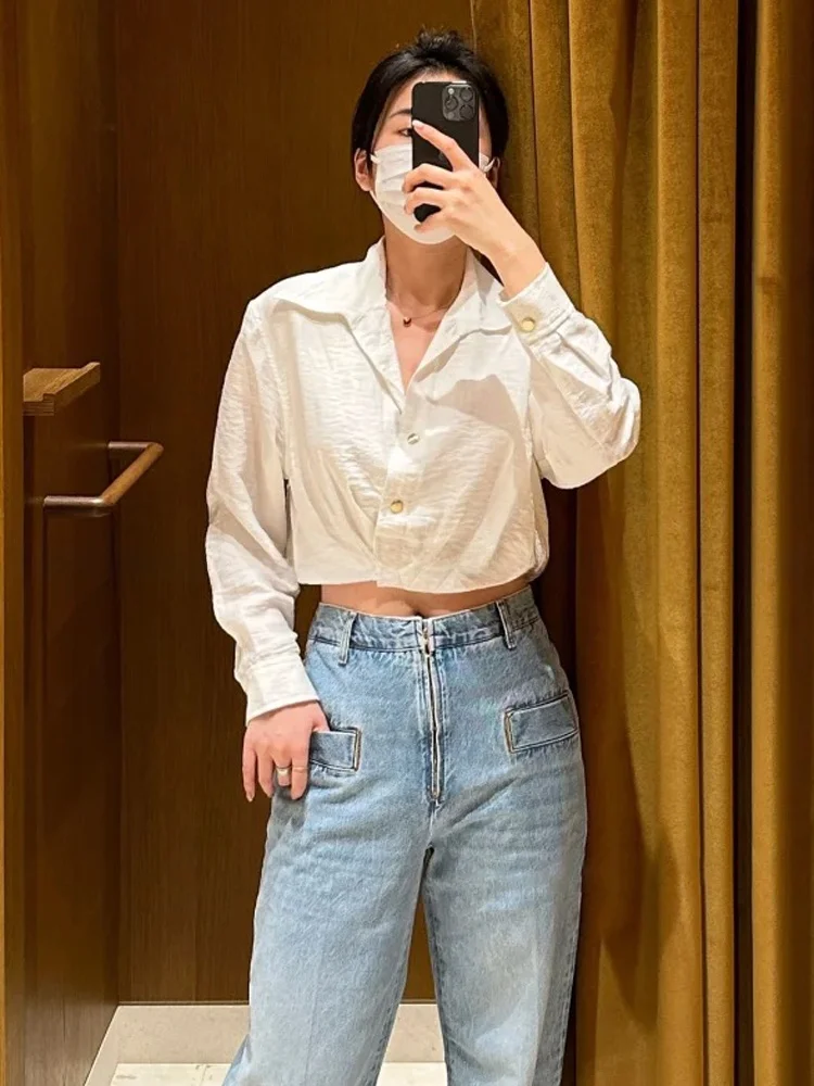 

S-Home Autumn New Sle Simple Elegance Commute Versatile Loose Casual Turn-down Collar ort Waist-cinching irt Top