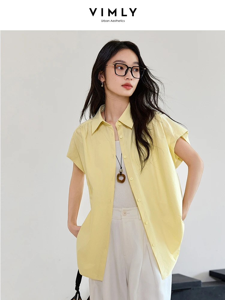 VIMLY Women's Summer Shirt Short Sleeve Pure Cotton Yellow Button Up Tops Lady 2025 Commuter Simple Loose Shirts & Blouses M9859