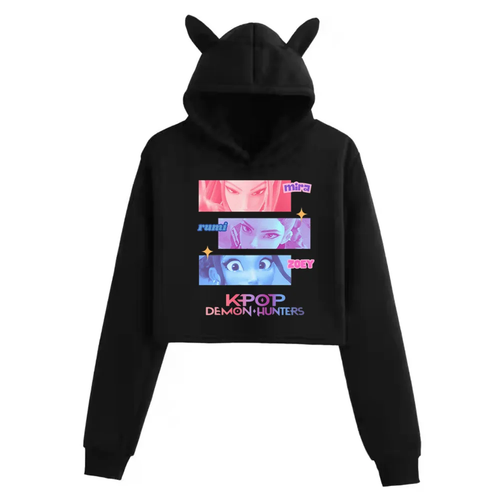 KPop デーモンハンターファンマーチミラルミゾーイ Huntrix クロップトップス猫耳トレーナー長袖ガールズファッションパーカー