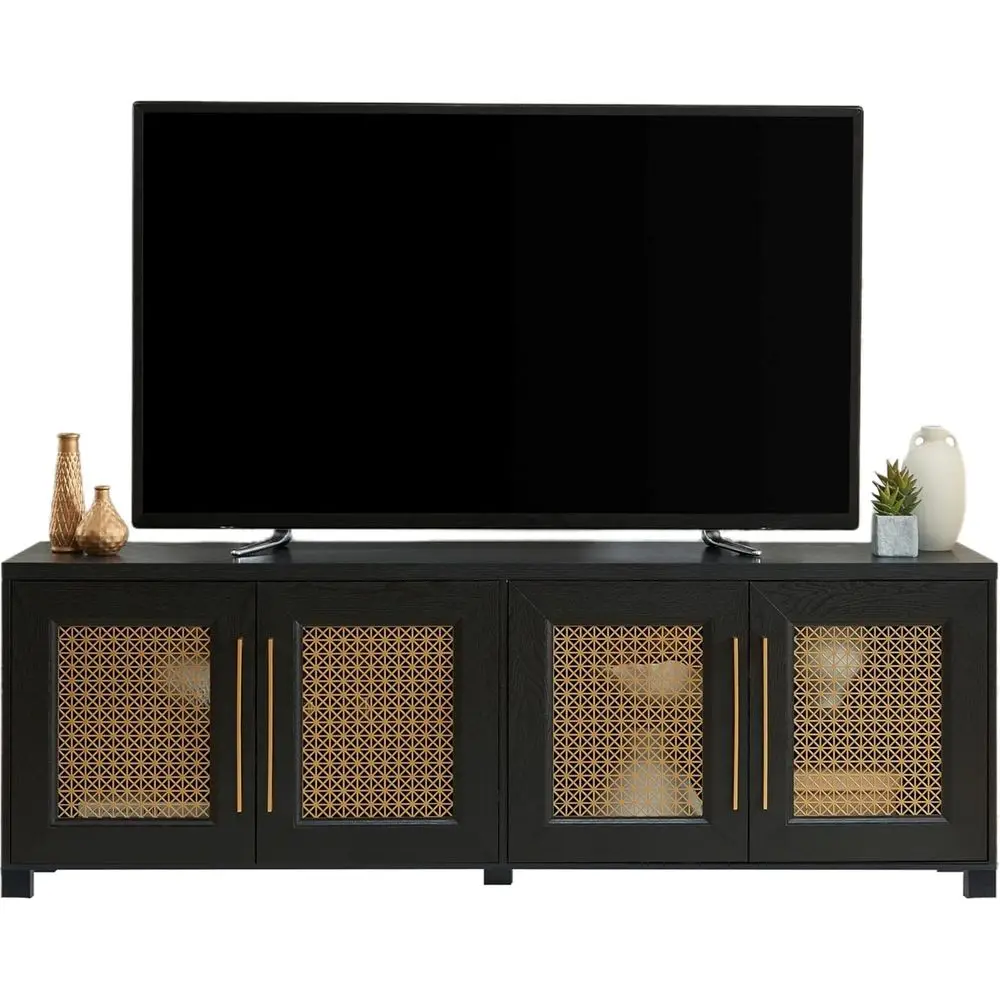 Gold Mesh Boho Style TV Stand for 75 TVs, Storage Cabinet, Black Grain Finish, 69.5x15.6x24.8