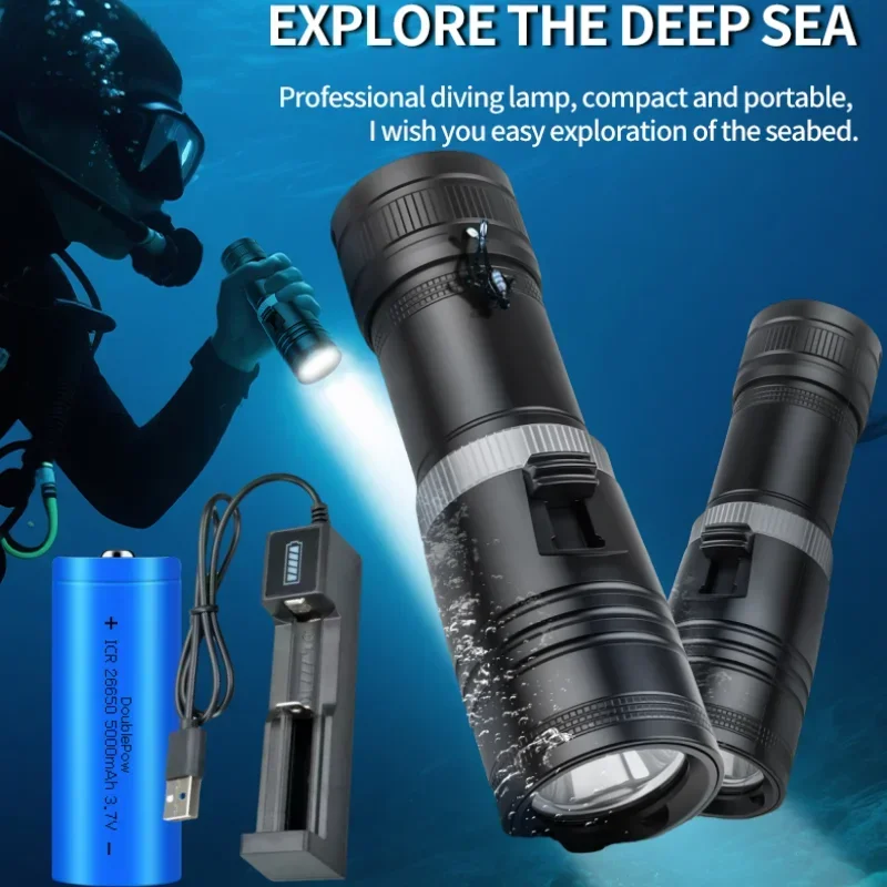 

Алюминиевый водонепроницаемый фонарик для дайвинга IPX8, светодиодный светильник для дайвинга с аквалангом, 100 м 26650, водонепроницаемый фонарь, светодиодный фонарь для кемпинга, рыбалки