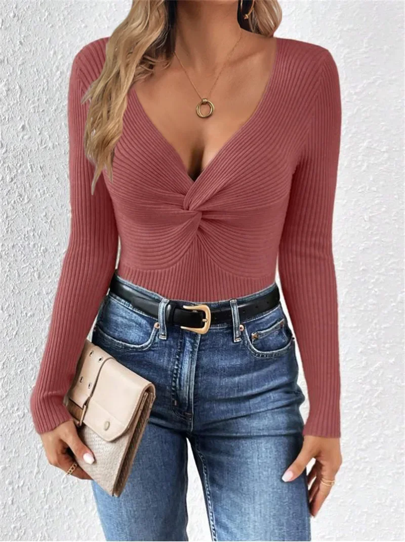Frauen Neue Sexy V-ausschnitt Einfarbig Langarm Gestrickte Pullover Gestrickte Bodenbildung Shirt für Frauen Pullover Top