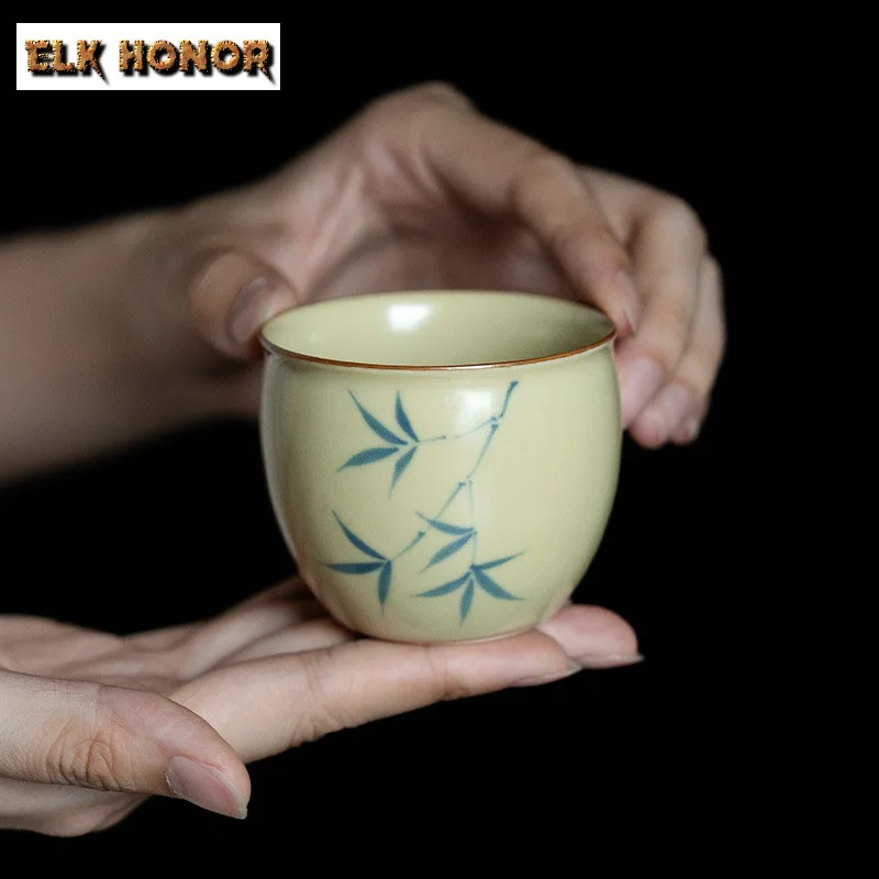 100ml Beeswax Yellow Master Cup Hand-painted Green Bamboo Teacup Ceramic Tasting Mug Boutique Tea Bowl Personal Cup Cha Crafts