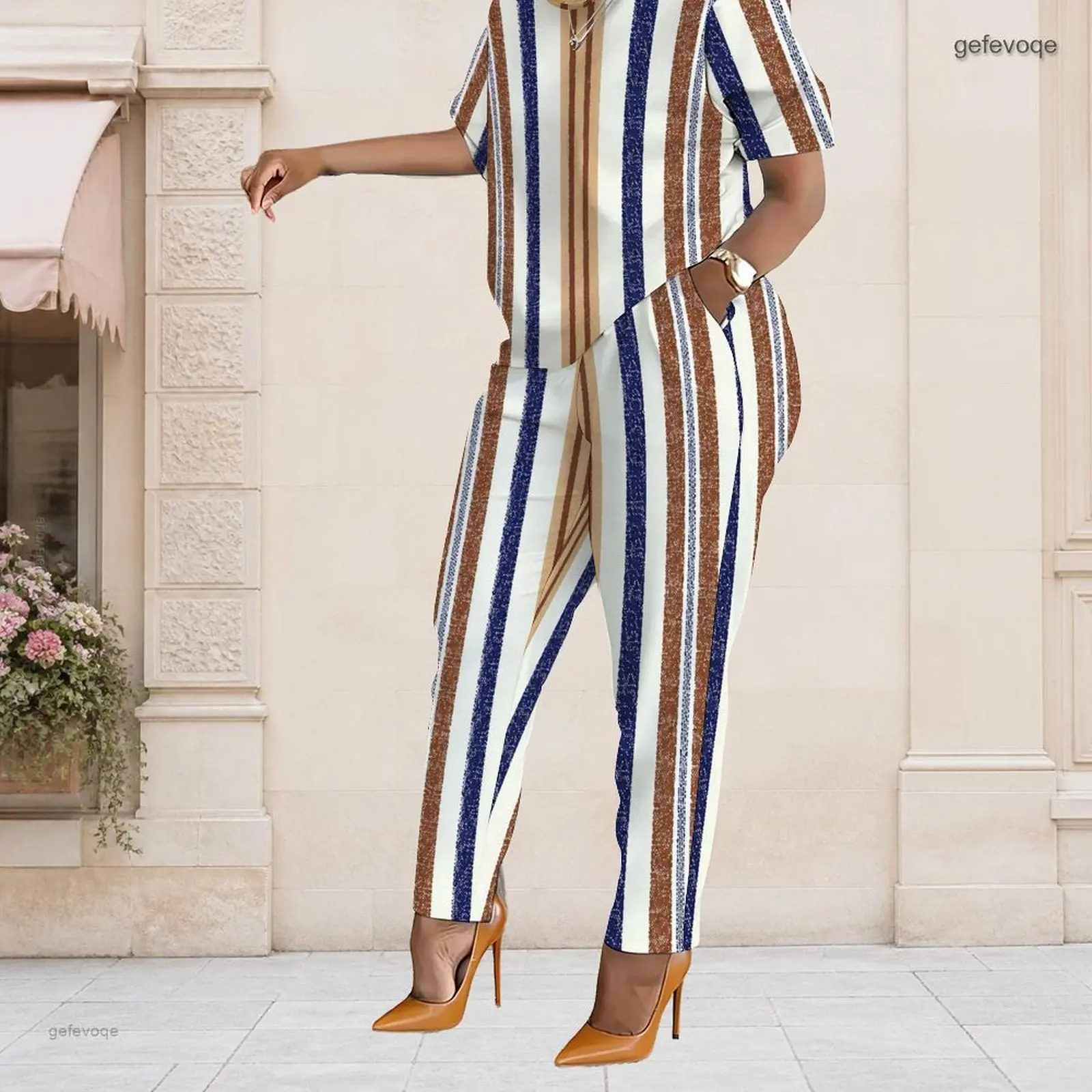 Summer Striped Plus Size Sets Women O Neck Elegant Vintage Plus Size Clothes Womens Clothing Daily Commute Wear
