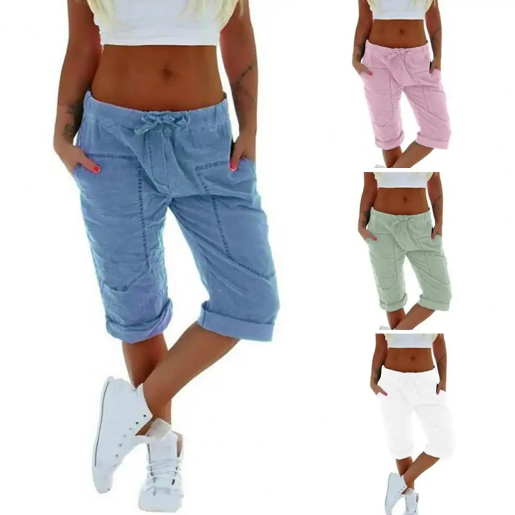 Women Pants Summer Ladies 3/4 Trousers Casual Solid Color Low Rise Drawstring Pockets Sports Pants Shorts For Female