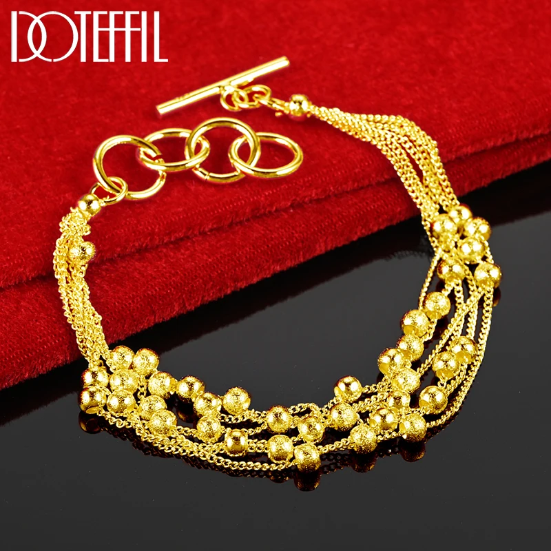 DOTEFFIL 925 Sterling Silver 18K Gold Six Chain Frosted Grape Bead Ball Bracelet For Women Wedding Engagement Party Jewelry