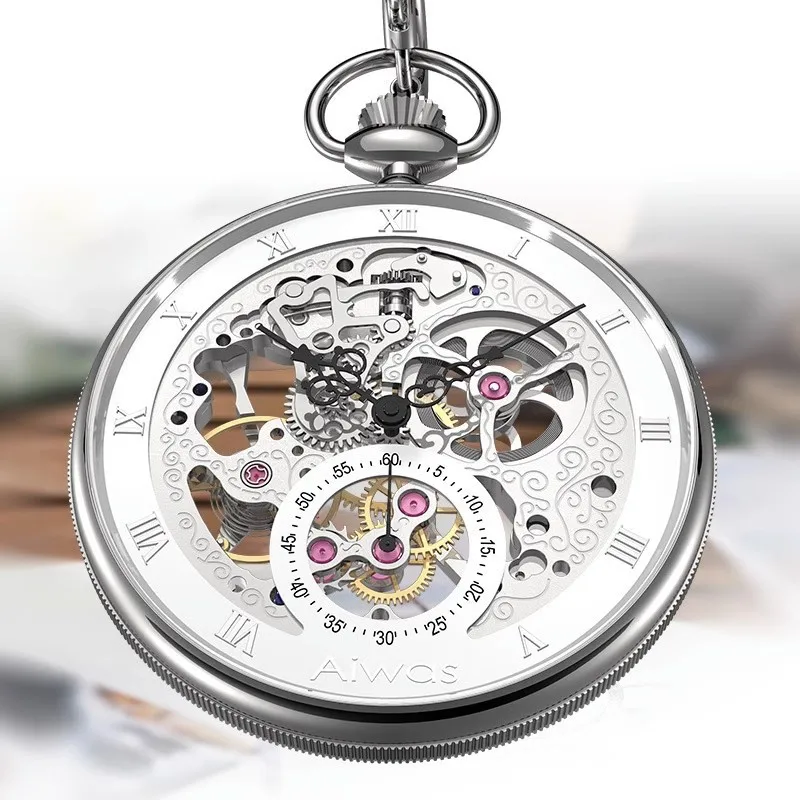 Aihuashi Retro Hollow Mechanical Watch Men's Fashion Pocket Watch Roman Scale Dial High-End Watch Can Be Set