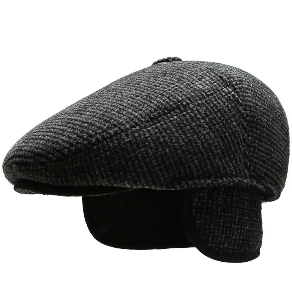 Fashion Men\'s Berets Autumn And Winter Thicker Earmuffs Wool Plaid Hat Cold-proof Thickened Hat Warm Dad Visor Hat