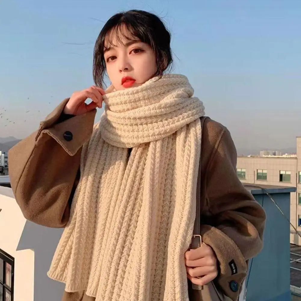 1Pc Solid Color Wool Scarf Female Korean Version Cute Girl Autumn Winter Thick Warm Knit Neck 