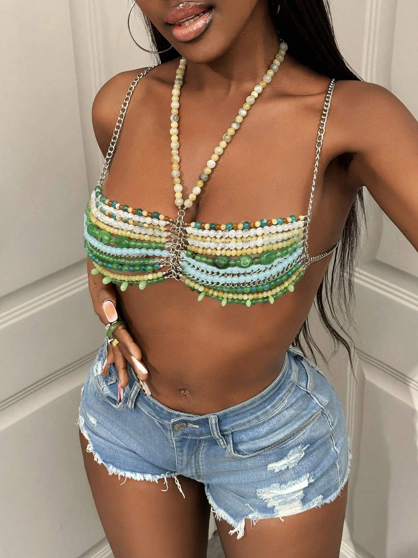 

Hawaiian Holiday New Hot Sexy Women Handmade Baroque Multi Bead Body Chain Fashion Bikini Bra Halter Romantic Vest Top Beachwear