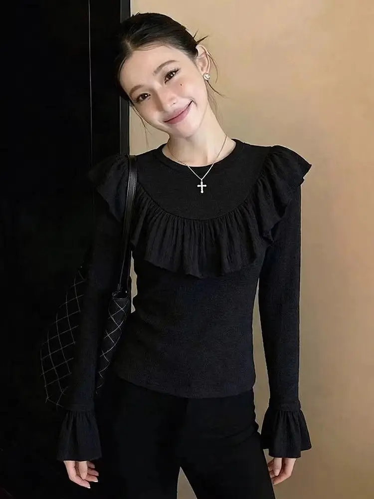 Kimotimo Women 2026 New Spring French Aesthetic Long Sleeve T-shirt Ruffle Splice Unique Design Elegant Fashion Tops