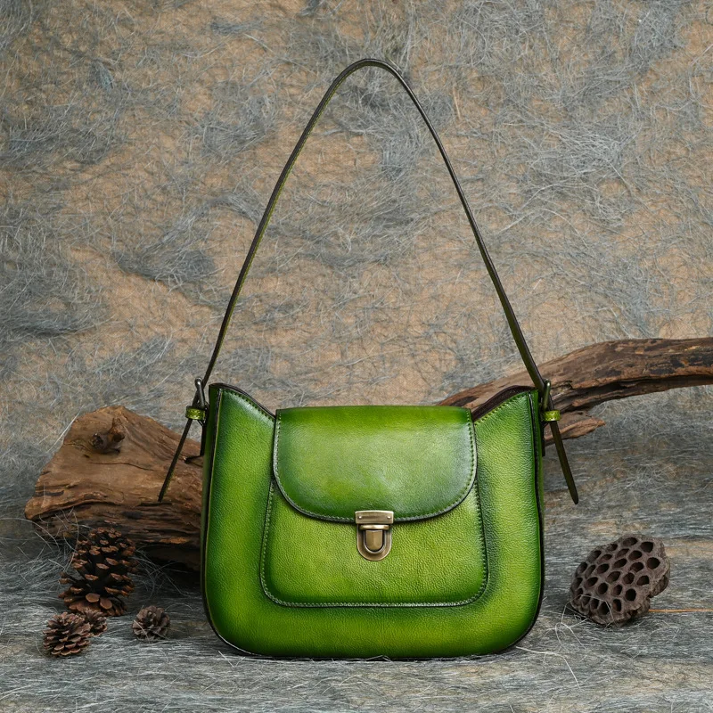 

women's bag water-dyed Chinese style green leather retro handmade leather vegetable tanned underarm shoulder women's bag