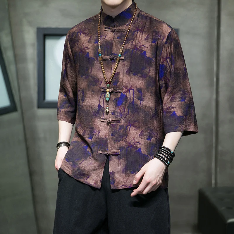 

Мужская летняя рубашка из ледяного шелка с коротким рукавом, в китайском винтажном стиле Тан, Дао Пао, модная, свободного кроя, с принтом, повседневная
