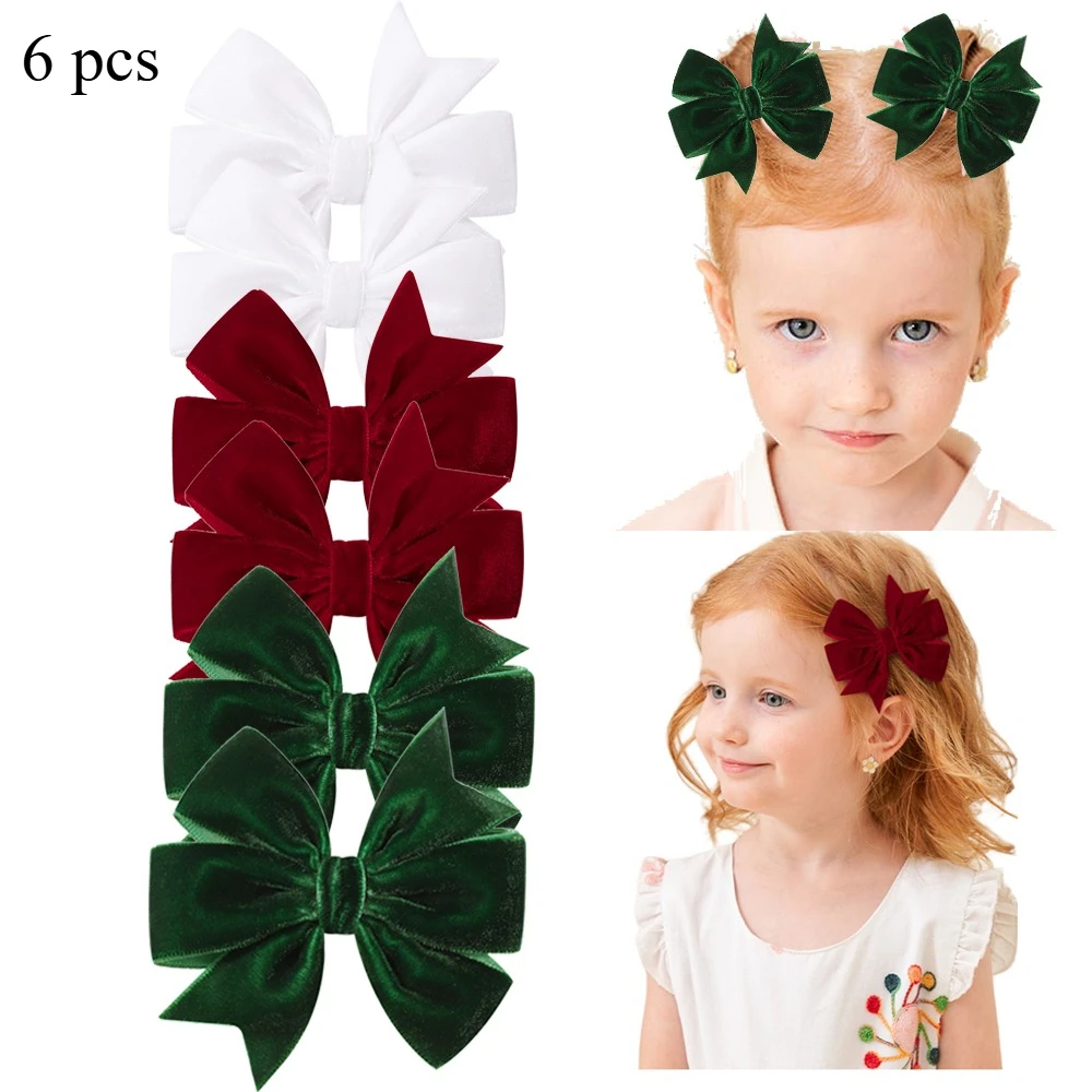 

6pcs/set Vintage Velvet Bow Hair Clips 3.15'' Baby Girls Christmas Red Green Bowknot Hairpins Barrette New Year Accessories