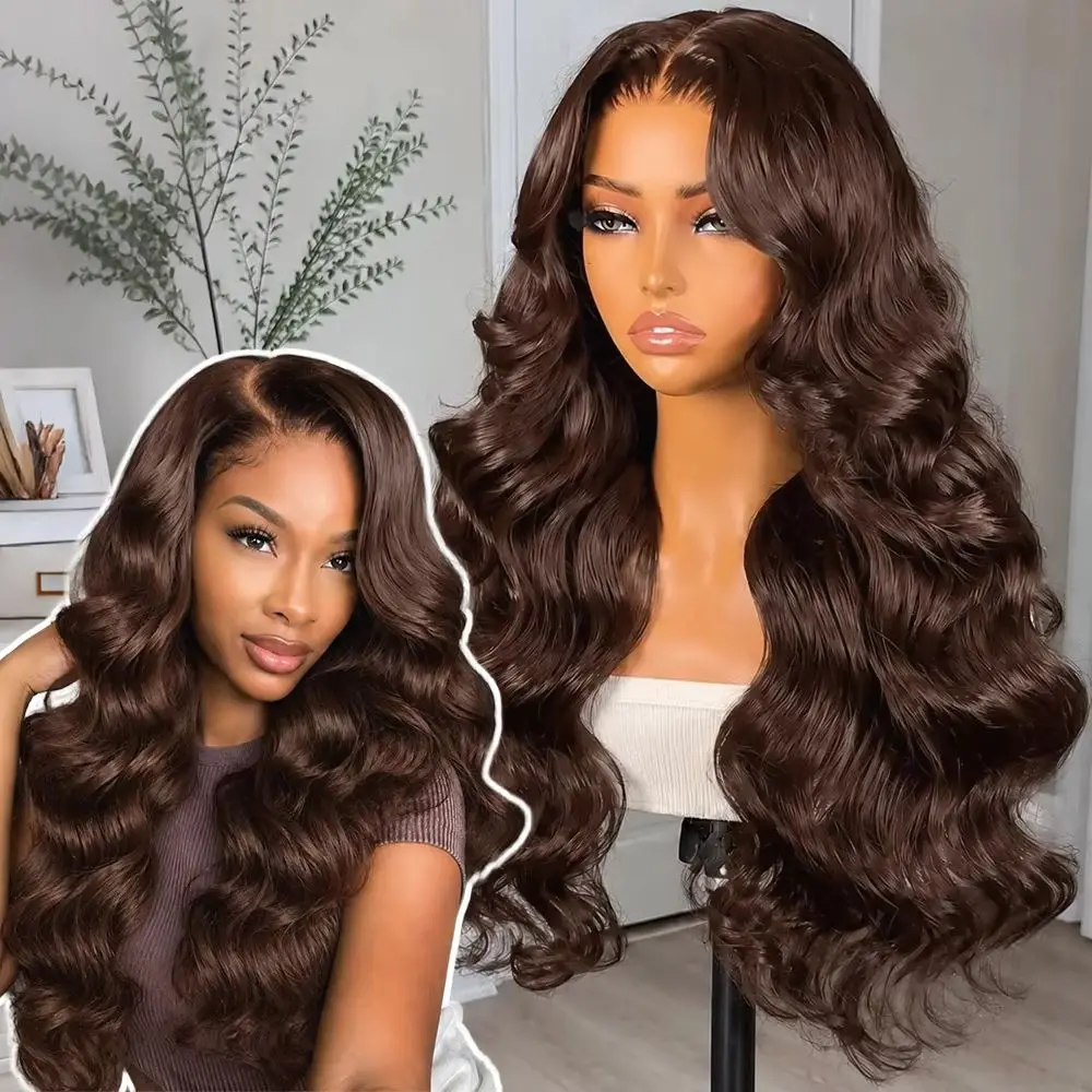 36 Inch Chocolate Brown Human Hair Wigs Body Wave Colored 13X6 Hd Transparent Lace Frontal Wigs For Black Women Brazilian Original Pre Bleached Knots Women's Wigs