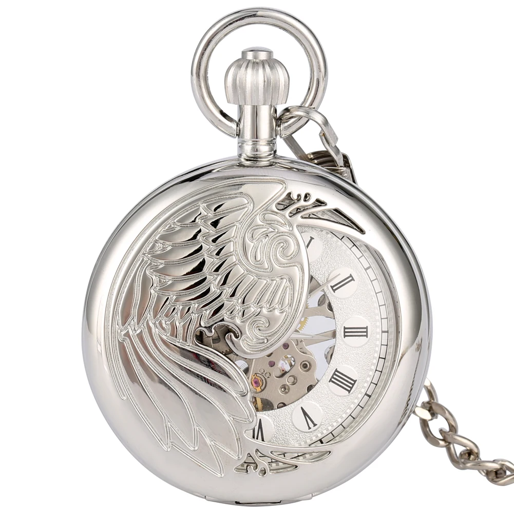 

Hollow Half Phoenix Silver Mechanical Hand Winding Pocket Watch with Fob Chain Classic Roman Numerals Dial Vintage Pendant Clock