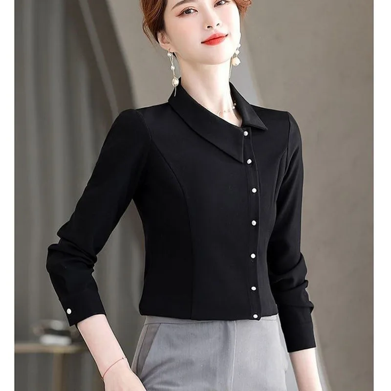 Elegant Skew Collar Spliced Button Asymmetrical Shirt Women\'s Clothing 2023 Autumn New Oversized Casual Tops Office Lady Blouse