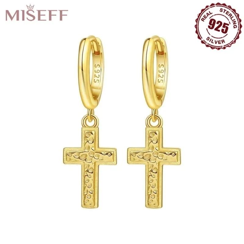

MISEFF Exquisite Simple Fashion Real 100% 925 Sterling Silver Jewelry Gold Cross Religious Symbol Drop Earrings For Gifts