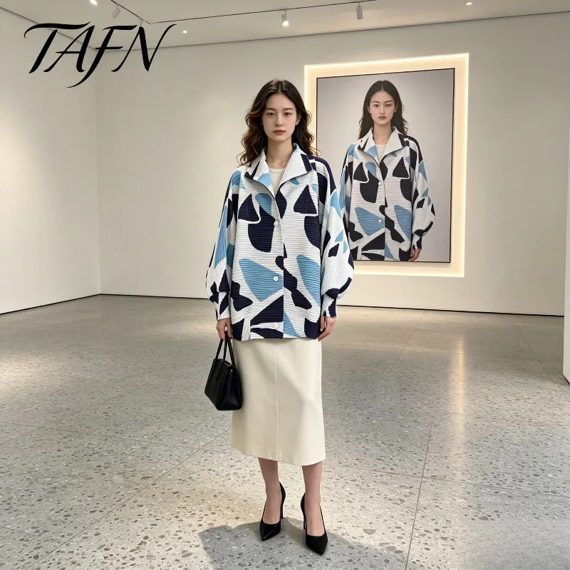 Miyake Pleated 2026 Autumn New Printed Thick Toothpick Collar Pleated Single Row Multi-Button Casual Versatile Women's Jacket