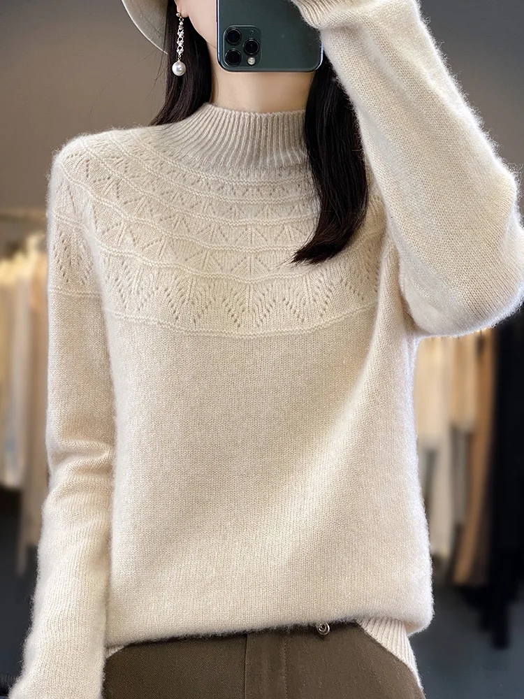 

Вязаный свитер из чистой шерсти, свободный крой, женский свитер с высоким воротником, осень-зима, модный повседневный трикотаж