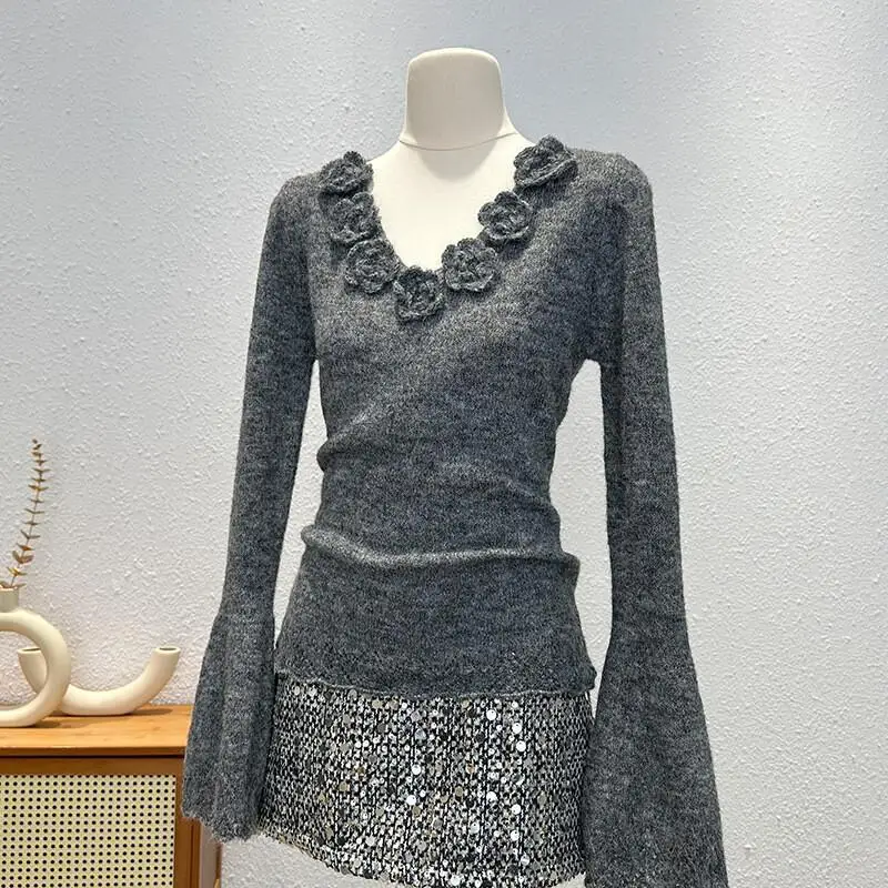 

Женский свитер, осенне-зимний свитер с длинными рукавами, вязаный шерстяной женский повседневный офисный костюм, элегантный цветок, уникальный дизайн, внутренняя одежда