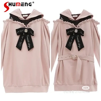 kawaii clothes Japanese Woman Hooded Sweatshirt 2023 Autumn New Lace Patchwork off-Shoulder Long Sleeve Embroidered Bow Hoodies