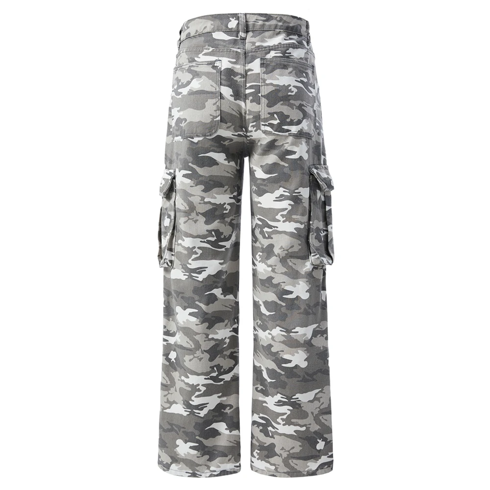 Men's Camouflage Print Jeans Multi-Pocket Cargo Denim Pants Casual Loose Straight Utility Trousers Workwear Streetwear