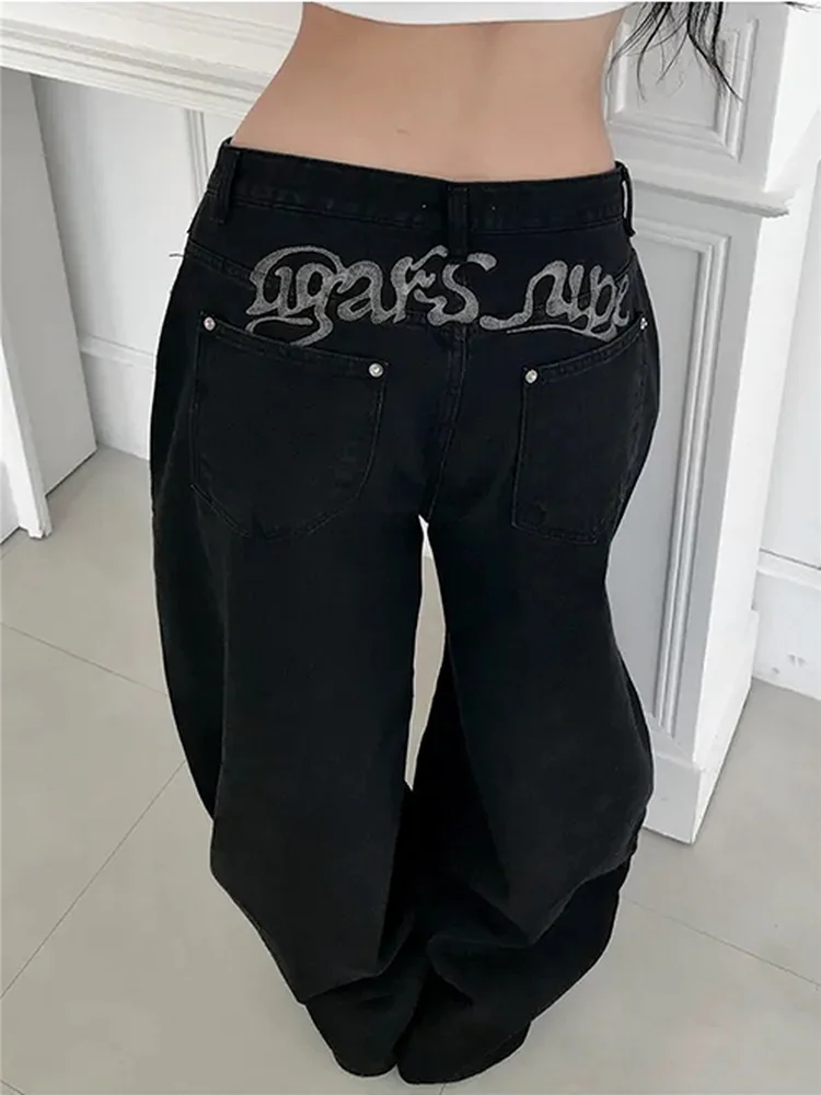 

Retro Loose Wide Leg Jeans Women's Casual Embroidery Lettering Slimming Straight Streetwear Long Trousers Trendy Cotton Denim