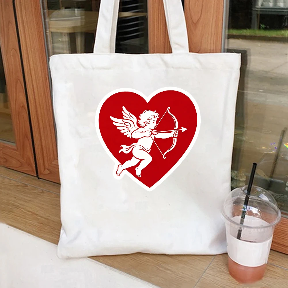 Red Cupid In Heart Canvas Tote Bag Valentine Shoulder Bag