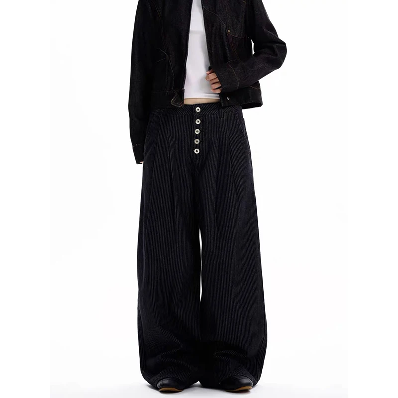 

ZHIZOU женские мешковатые джинсы в полоску Y2k японская уличная одежда американский ретро 2000-х годов черные джинсовые брюки широкий крой гранж Harajuku ковбой