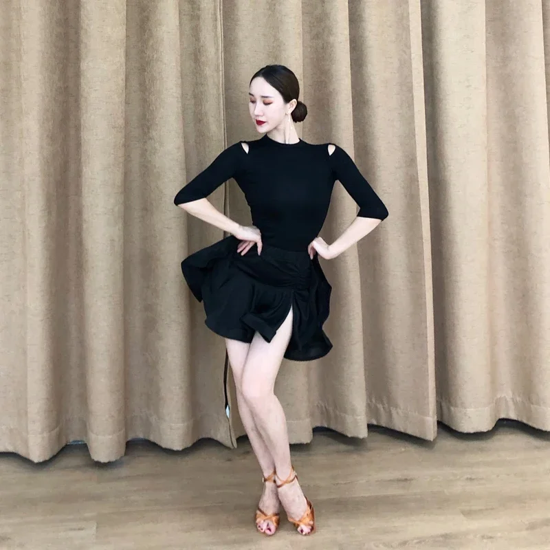 2024 New Latin Dance Skirt Women Sexy Slit Black Salsa Skirt Adult Cha Cha Rumba Dance Clothes Practice Training Wear DNV21484
