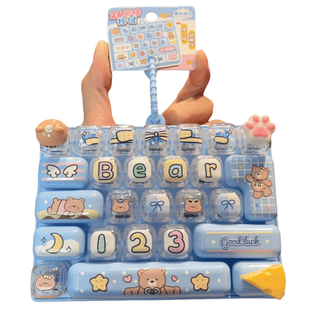 Little Bear Theme 26 Keys Keyboard Keychain Pressable Keys Clear Key Sounds Mechanical Keyboard Cartoon Plastic