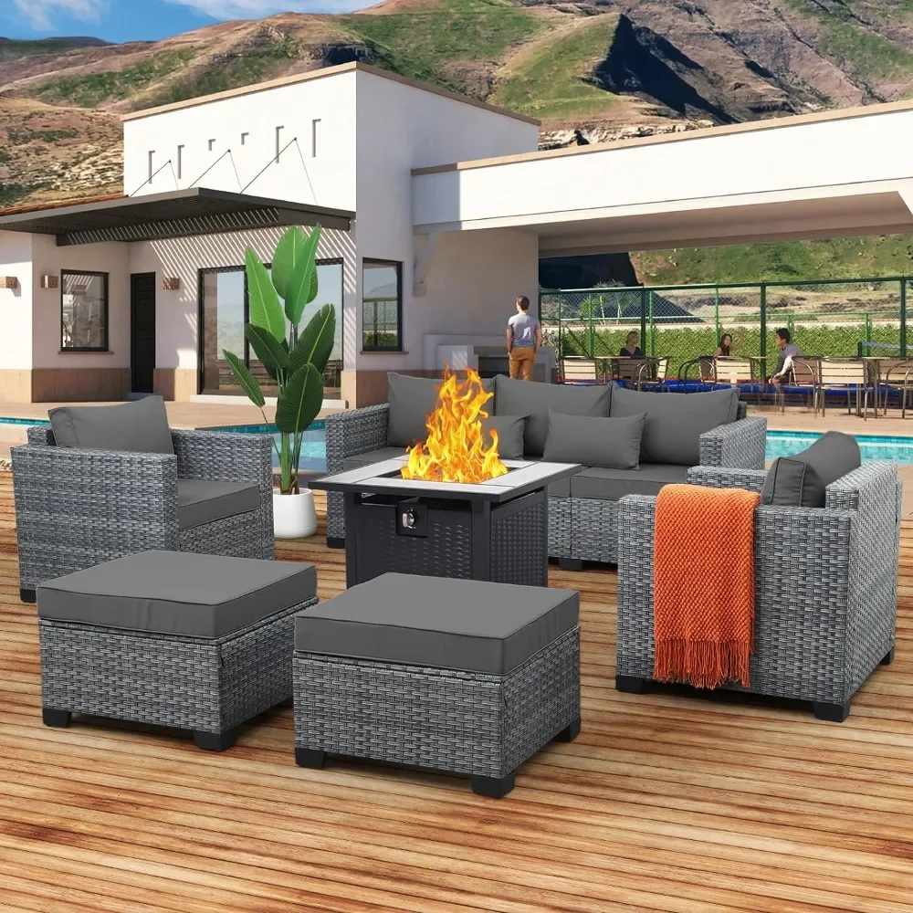 

6 PCS Wicker Patio Furniture Sets Outdoor Conversation Set PE Rattan Sectional Sofa Couch w/ 30" Fire Pit Table & Grey Cushions