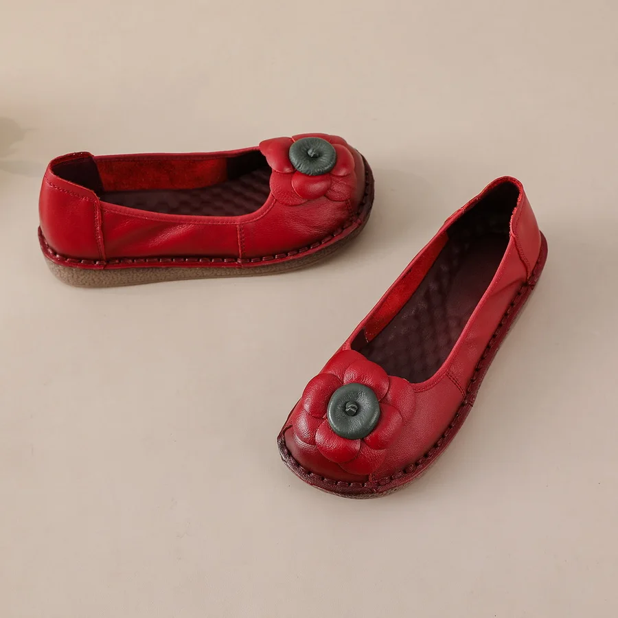 

2026 Real leather ballet flats women spring red floral moccasin woman luxury ancient flats soft travel shoes lady shallow loafer