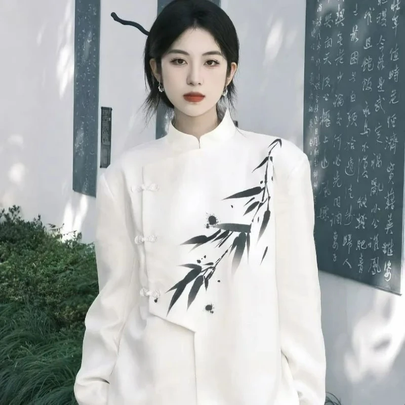 Spring Fashion Ink-wash Bamboo Casual Loose Suit Jacket New Chinese-style Traditional Slanted Front Button-up Coat for Men Women