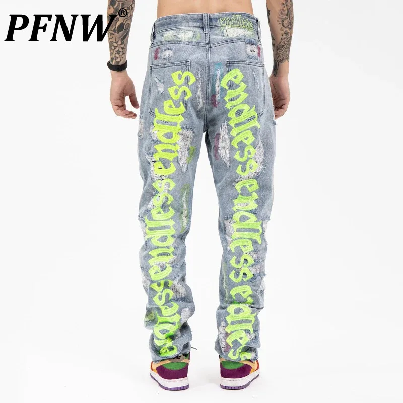 PFNW Men's Wear Trendy High Street Letter Embroidered Hole Spliced Blue Jeans 2025 Spring New Straight Denim Trousers 28W2670