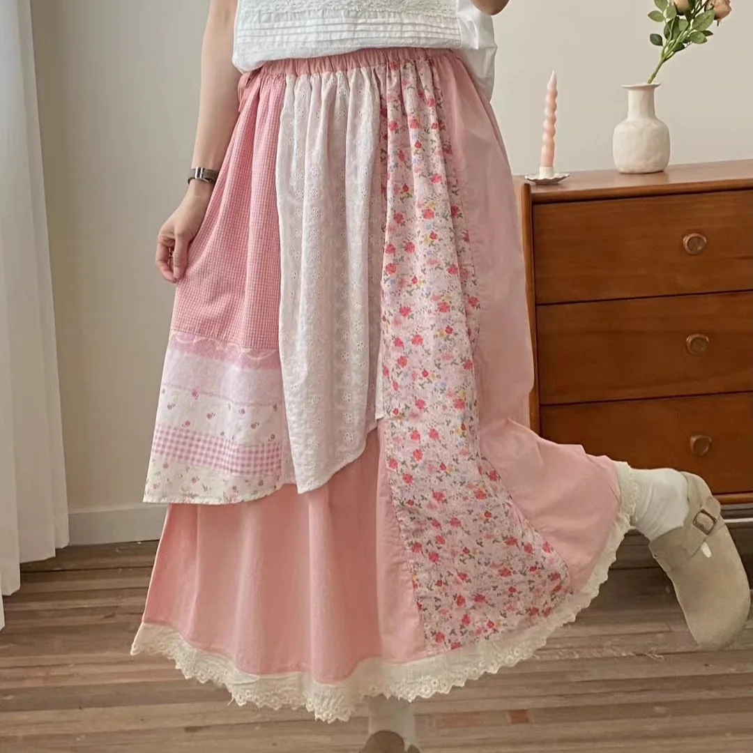 Japanese Sweet Mori Girl Floral Printed Embroidery Patchwork Skirts Women Summer Elastic Waist Asymmetric Casual Cotton Skirts