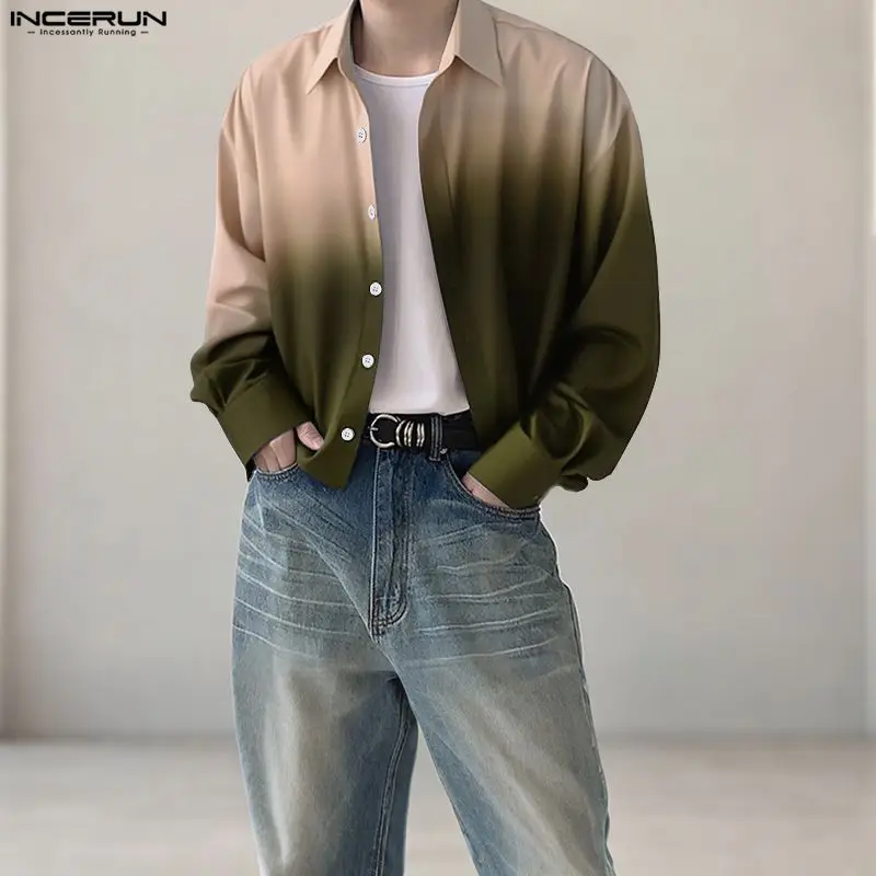 INCERUN الرجال قميص التعادل صبغ التدرج التلبيب كم طويل الرجال الملابس فضفاضة الشارع الشهير الكورية نمط موضة بلايز عادية الذكور القمصان