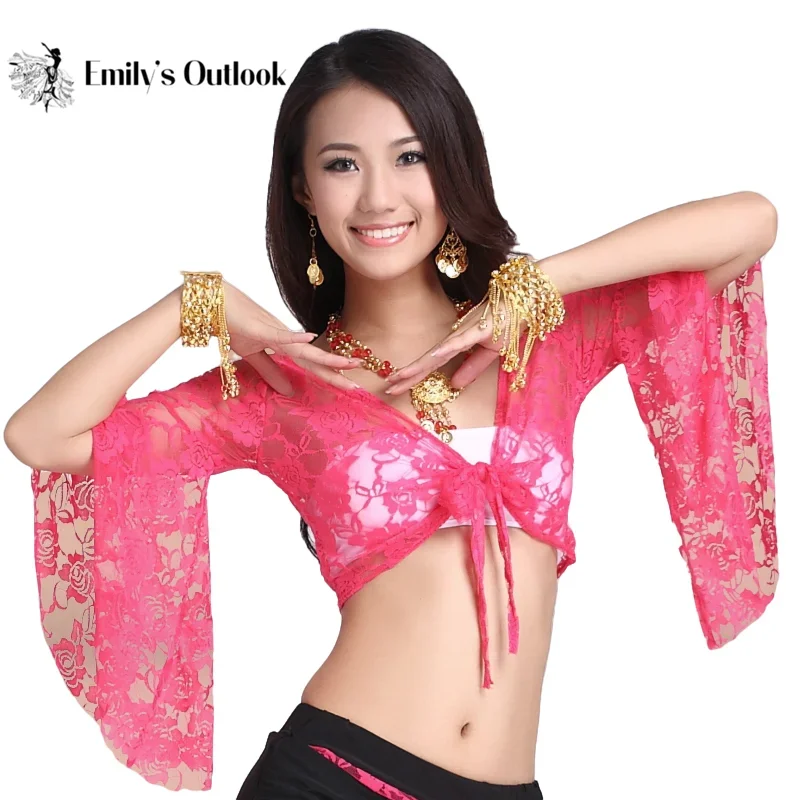 Women Floral Lace Top Wrap Tie Choli Blouse Bandage Shrugs Cardigan Belly Dance Costume 3/4 Flared Sleeves Crop Shawl Dancewear