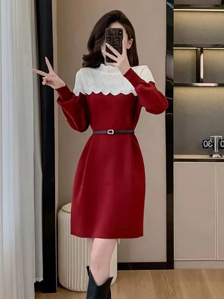 

Осень-зима сексуальное трикотажное кружевное платье с длинным рукавом и круглым вырезом женское утягивающее универсальное платье с высокой талией облегающая юбка C308