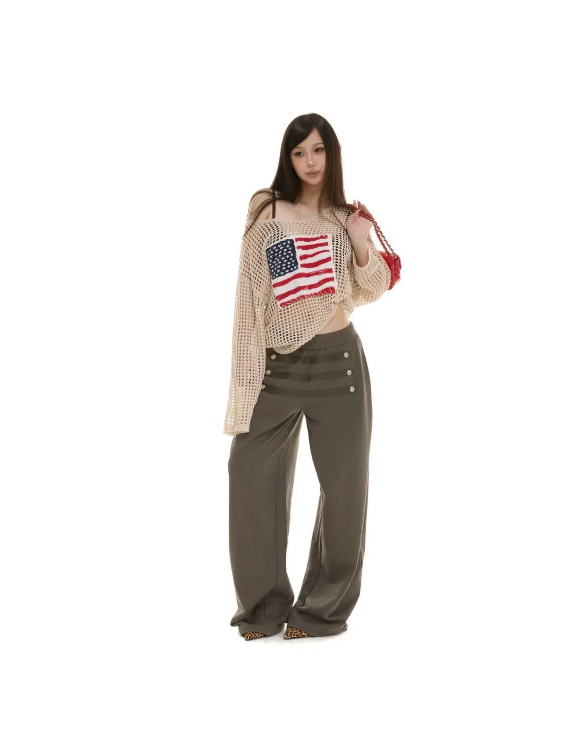 HOUZHOU Y2k American Flag Hollow Out Knit Top Women Off Shoulder Long Sleeve Mesh Sweater Loose Casual Pullover Streetwear
