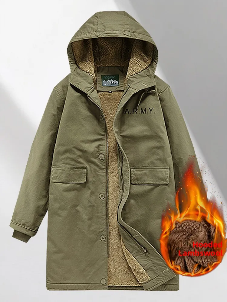 

Thiened Pure Cotton Lamb Velvet Fce Lined Mid-Length Parka Jaet Men's Winter Warm Casual Faion Ci Sle Coat