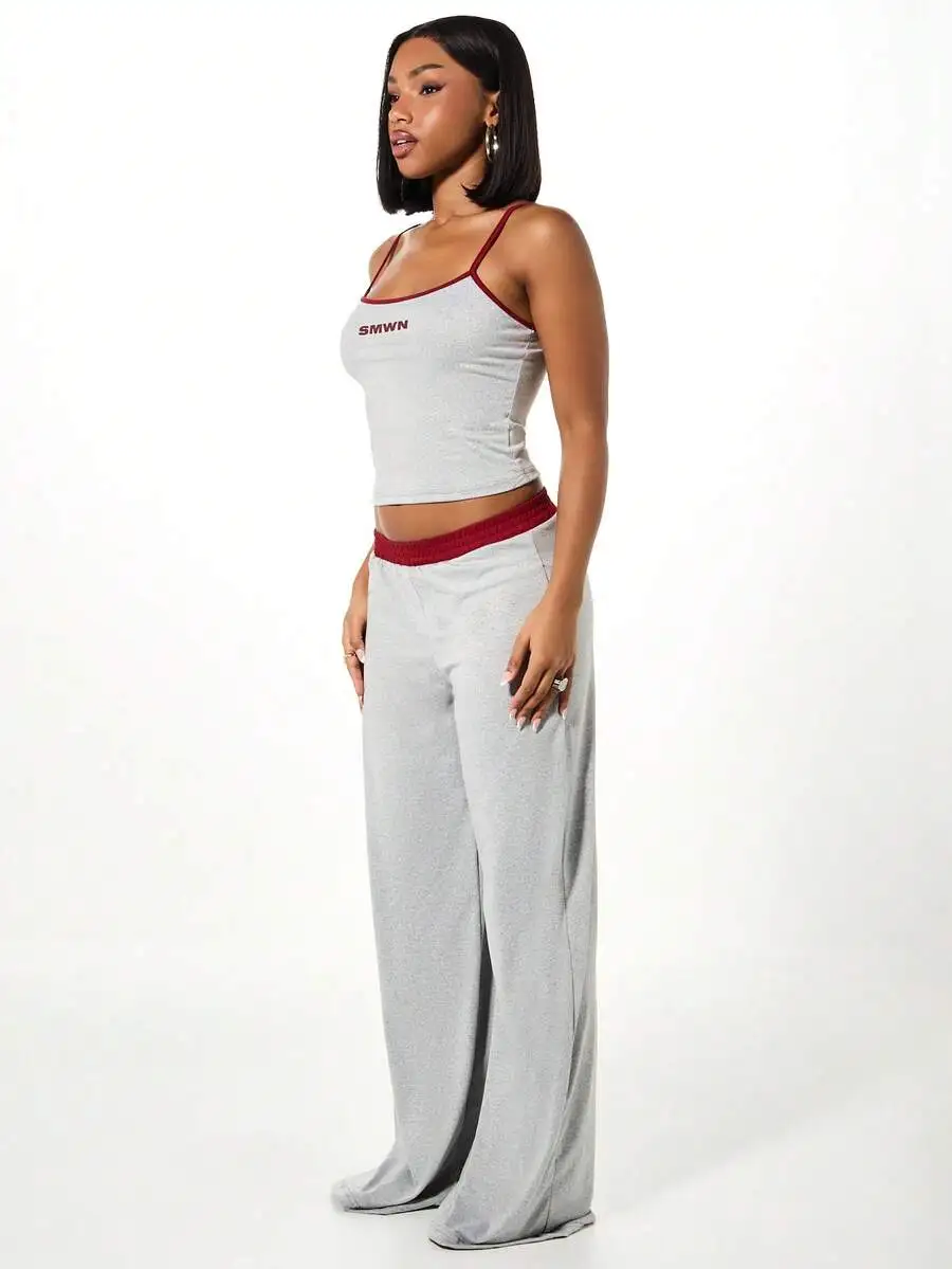 Women Heather Grey Camisole Tank Top And Wide Leg Palazzo Pants Lounge Co-Ord Set With Logo Print