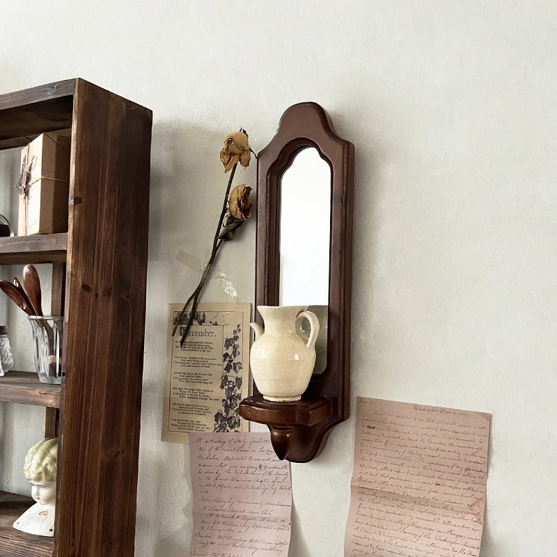 

Retro Wall Hanging Decorative Mirror, Living Room Candlestick Shelf, French Solid Wood Wall Decorative Mirror, Home Ornaments