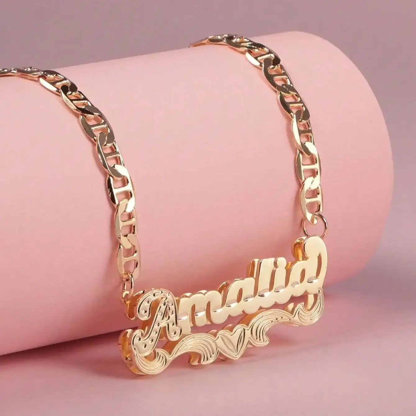 

DOREMI Personalized Double Layered Hip-Hop Style Engrave Heart Pattern Name Necklace Custom Name Double Color Pendant Necklace