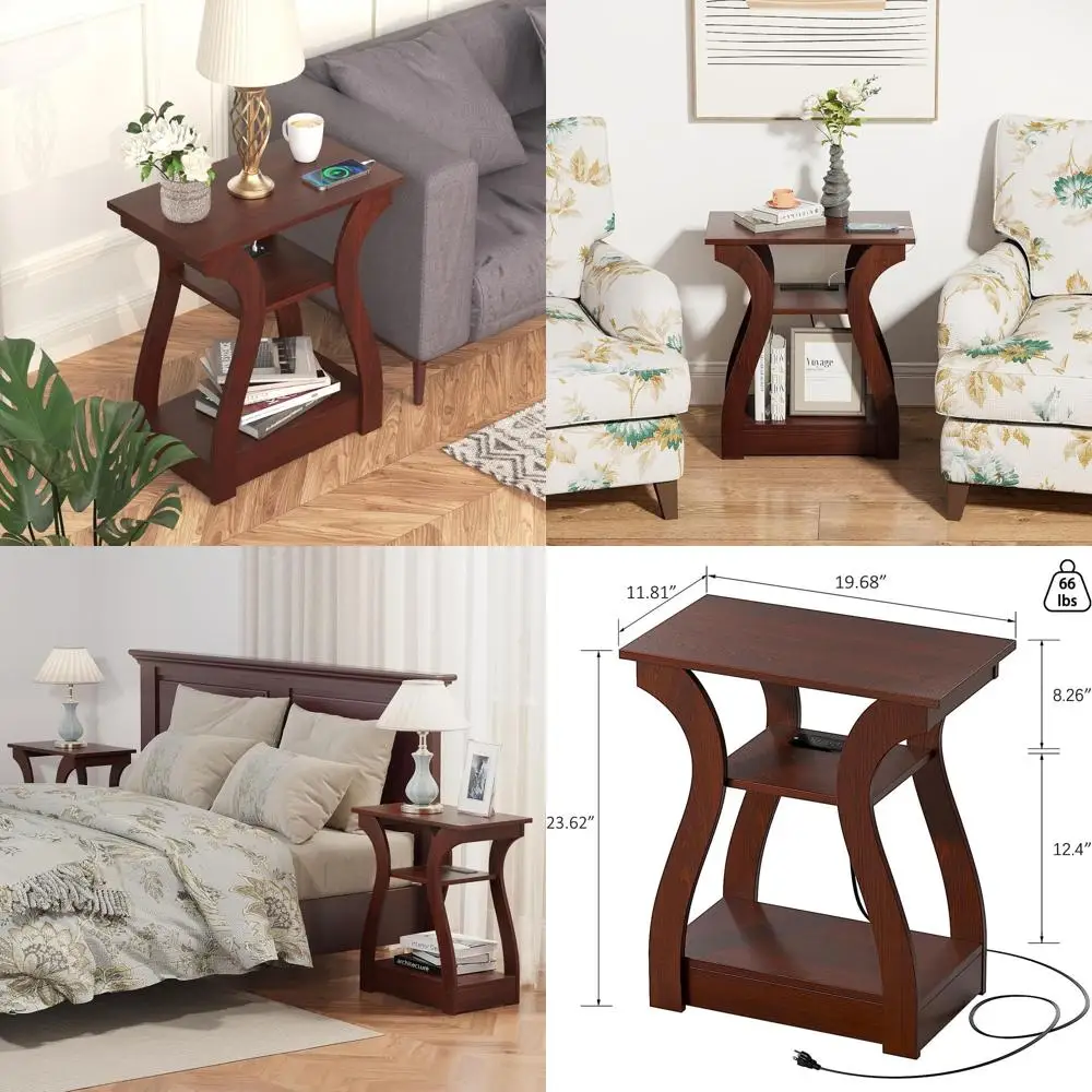 Tavolino da soggiorno in legno di ciliegio con porta di ricarica, comodino per camera da letto, tavolino portaoggetti a 3 livelli (ciliegia)