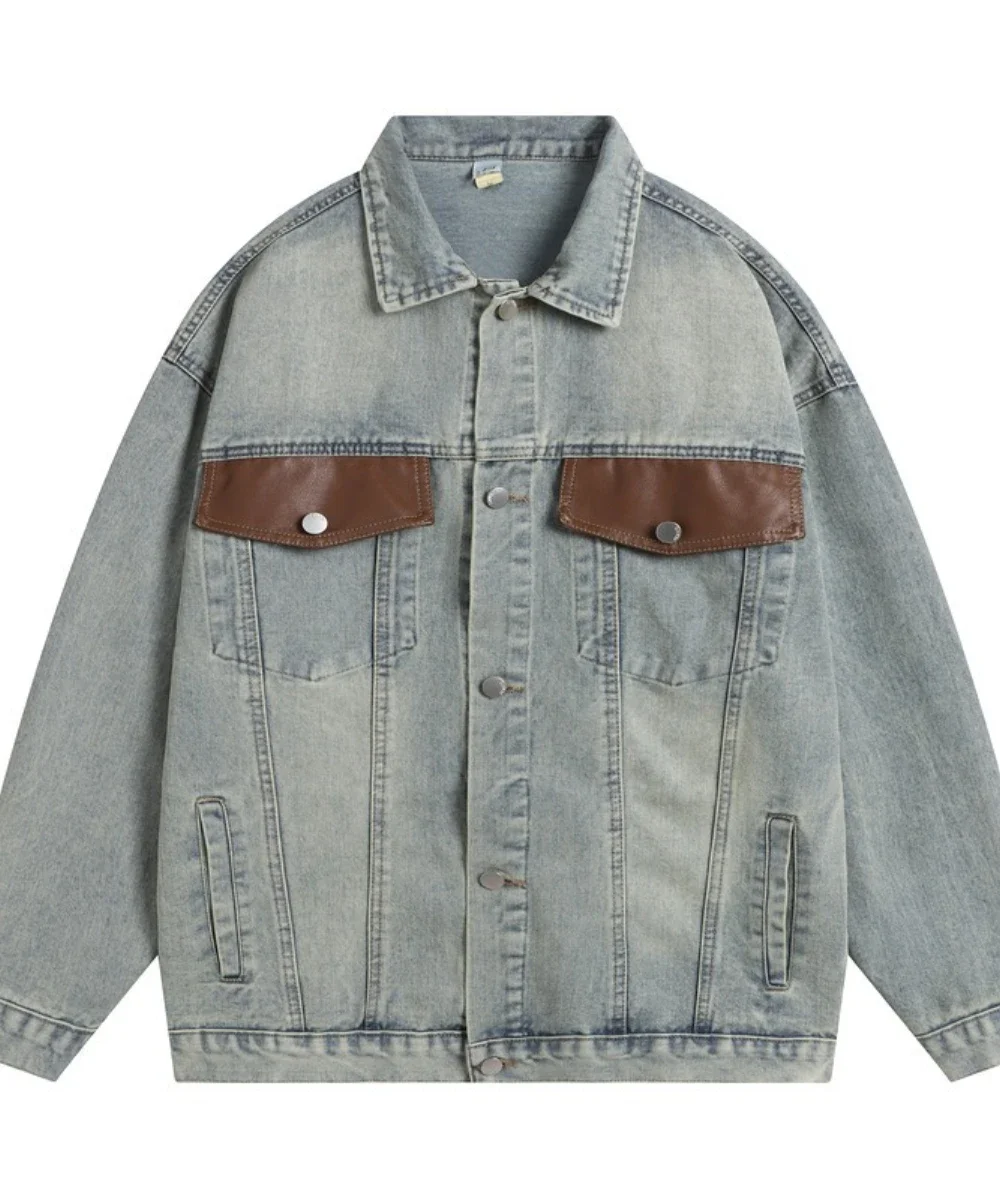 Men Denim Jacket Streetwear Coat Single Breasted Turn Down Collar Women Patchwork Pockets Washed Overcoat 2025 Vintage Outerwear